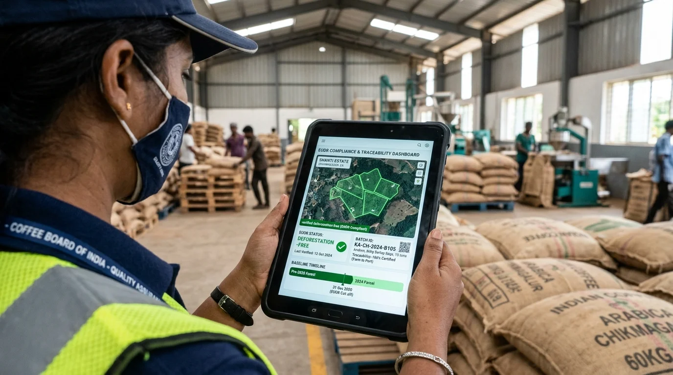Agritech inspector verifying EUDR satellite GPS polygon parcel data and pre-2020 baseline in coffee curing mill warehouse