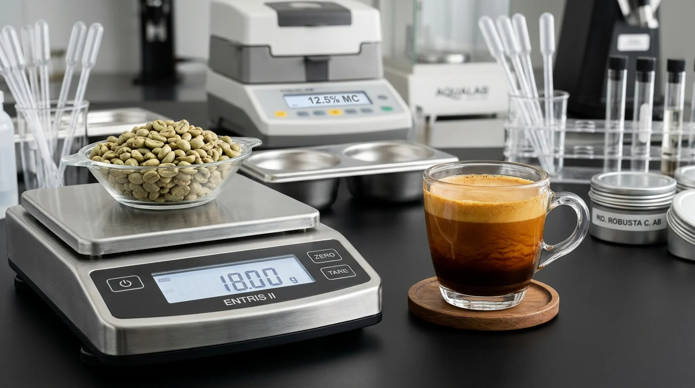 Laboratory quality control density testing of Robusta Cherry AB green coffee beans on analytical scale next to double espresso shot with persistent crema