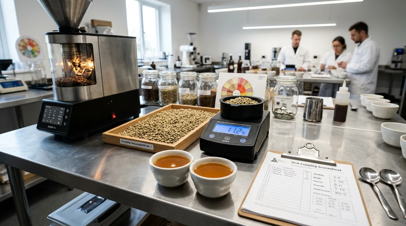 Figure 2: Laboratory calibration setup featuring precision sample roasting, calibrated digital moisture analysis at 11.2%, and an official 84.5 SCA cupping evaluation breakdown.